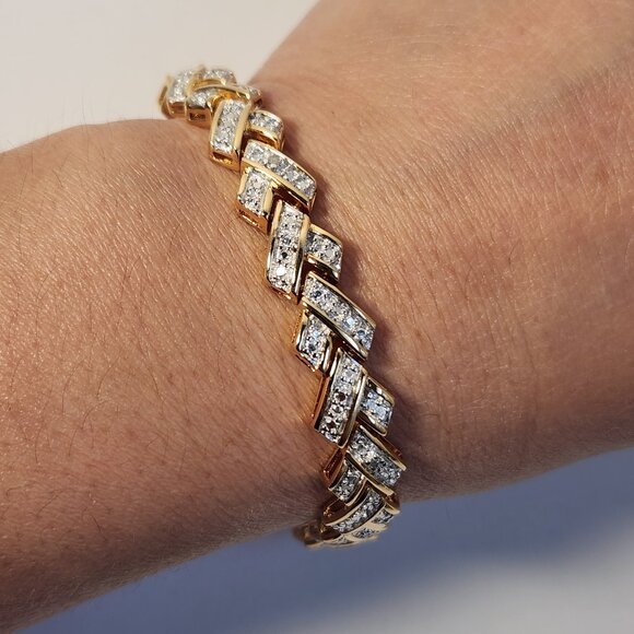 VTG 1992 Ross Simmons Diamond Chevron Tennis Link Bracelet 18K/925 7.5" 20g - Picture 3 of 14